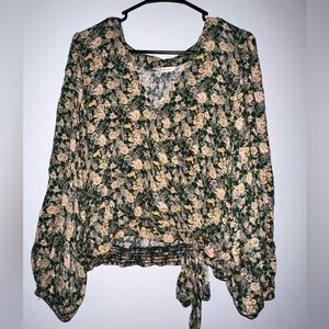 American eagle green blouse with floral print and wrap tie in front